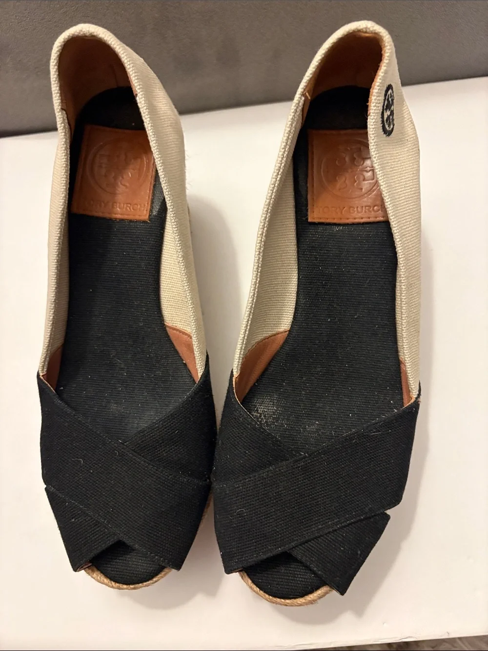 Tory Burch Black and Cream Canvas Peep-Toe Espadrille Wedges